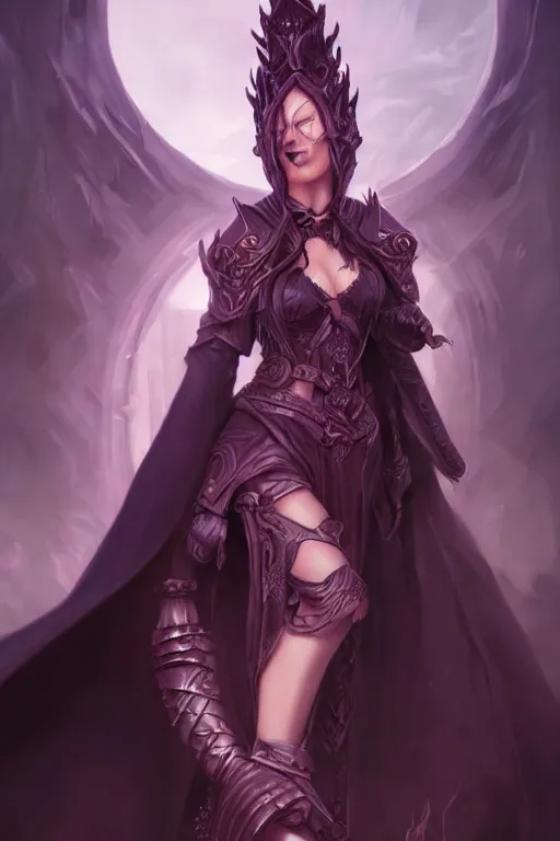Prompt: Fantasy portrait, Necromancer, female, detailed face, dark garments, dark pruple robes, midriff, Black cloak from neck to ankles, pin-up, matte painting, artstation