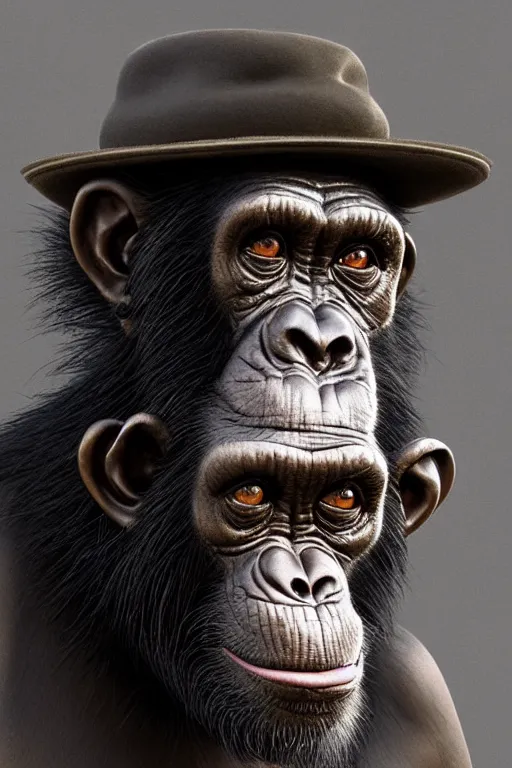 Prompt: portrait of an old chimpanzee wearing a elegant hat, intricate wrinkles, dystopian, sci-fi, evening light, extremely detailed, hands, digital painting, sculpted in zbrush, artstation, concept art, smooth, sharp focus, illustration, chiaroscuro lighting, golden ratio, incredible art by Stanley Artgerm Lau and Greg Rutkowski, composition by Alphonse Mucha and Simon Stalenhag