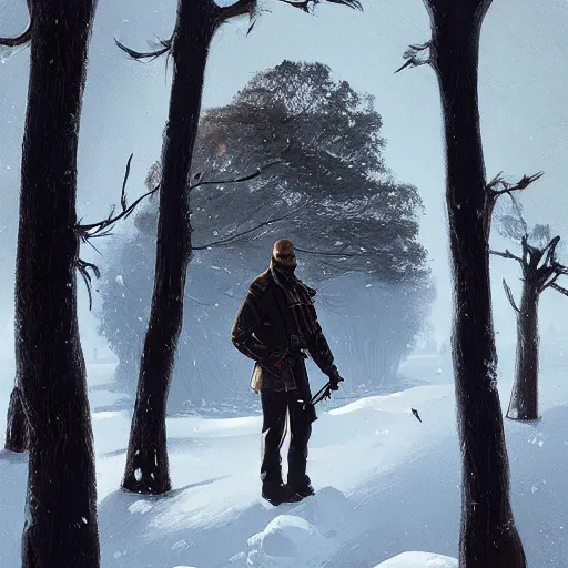 Image similar to a man holding a gun in snow in a couple of trees surrounding the man head view by greg rutkowski