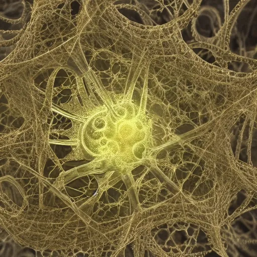 Image similar to a daguerreotype depicting precise details of microscopic shoggoth nanomachines in a fractal neuronal mycelial network, unreal engine cinema 4 d photorealism volumetric lighting