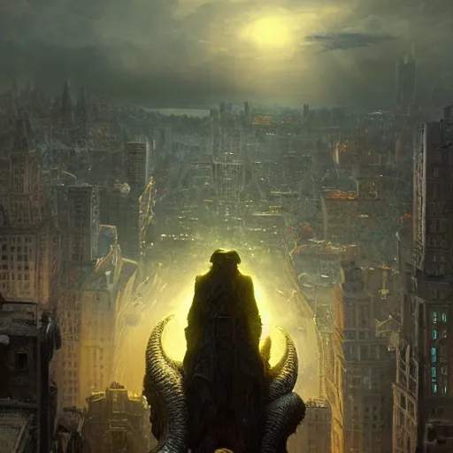 Image similar to cthulhu overlooking a city, volumetric lighting, 8 k octane beautifully detailed render, post - processing, extremely hyper - detailed, intricate, epic composition, cinematic lighting, masterpiece, trending on artstation, detailed detailed detailed, masterpiece, stunning art by anders zorn, wonderful masterpiece by greg rutkowski, beautiful cinematic light,