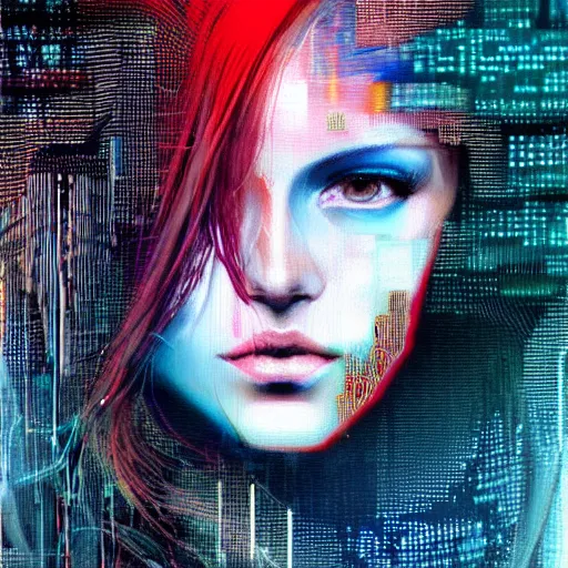Image similar to hyperrealistic portrait of a mysterious cyberpunk woman with flowing hair, by Guy Denning, Johannes Itten, Russ Mills, beautiful, elusive, glitch art, hacking effects, glitch effects, digital tech effects, cybernetics, detailed lines, holographic, chromatic, color blocking, digital painting, octane, concept art, abstract, red face, 8k, trending on cgsociety, trending on artstation