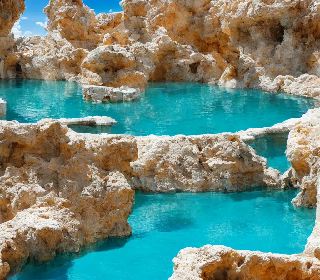 Prompt: travertine pool golden palace, bright blue water, bright mid day, professional photography, travel, architecture, high detail, dreamy