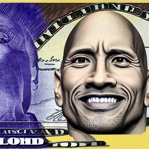 Image similar to dwayne johnson on a $ 1 0 0 bill 4 k detailed