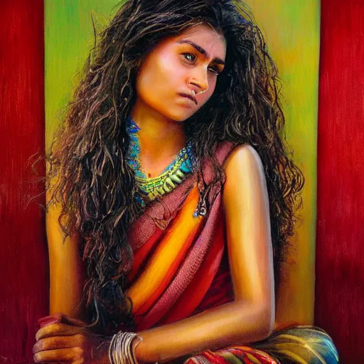 Image similar to stunning, breathtaking, awe - inspiring award - winning concept art portrait painting by steve mccurry of a beautiful young hindu woman with short, wavy hair, wearing a colorful sari