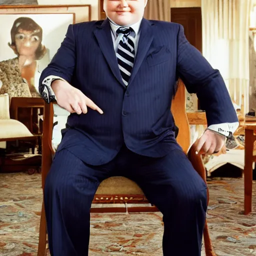 Image similar to Andy Richter wearing a blue dress shirt, necktie, navy dress pants sitting in a chair petting a calico cat