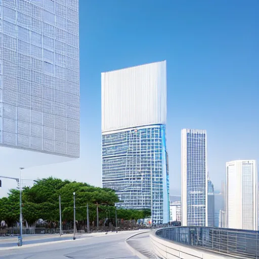 Prompt: bright white photorealistic futuristic post - modern luxury skyscraper hotel in seoul with bright blue sky