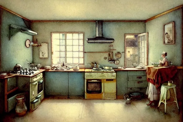 Image similar to ( ( ( ( ( 1 9 5 0 s retro kitchen interior scene. muted colors. ) ) ) ) ) by jean - baptiste monge!!!!!!!!!!!!!!!!!!!!!!!!!!!!!!