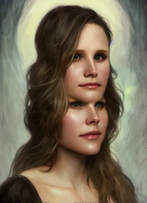 Image similar to beautiful portrait of kristen bell, soft features, by magali villeneuve and greg rutkowski and artgerm and alphonse mucha and jeremy lipkin and rob hay, intricate, elegant, highly detailed, photorealistic, trending on artstation, trending on cgsociety, 8 k, sharp focus