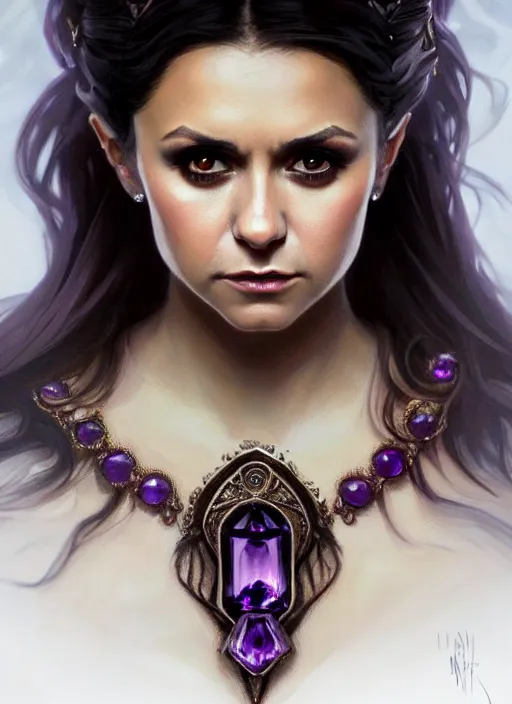 Image similar to portrait of nina dobrev as a vampire queen, jewelry, greek, amethyst, intricate, headshot, highly detailed, digital painting, artstation, concept art, sharp focus, cinematic lighting, illustration, art by artgerm and greg rutkowski, alphonse mucha, cgsociety