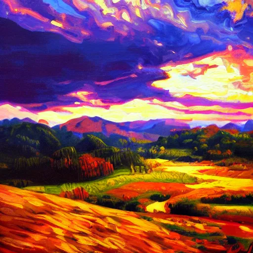 Image similar to land of plenty, valley of none, oil painting, semi - realistic, colorful, dramatic, dynamic lighting