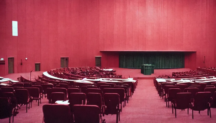 Image similar to 60s movie still of a sovietic stalinist style empty soviet congress with red wall, LOMOCHROME PURPLE FILM 100-400 35MM, liminal Space style, heavy grain