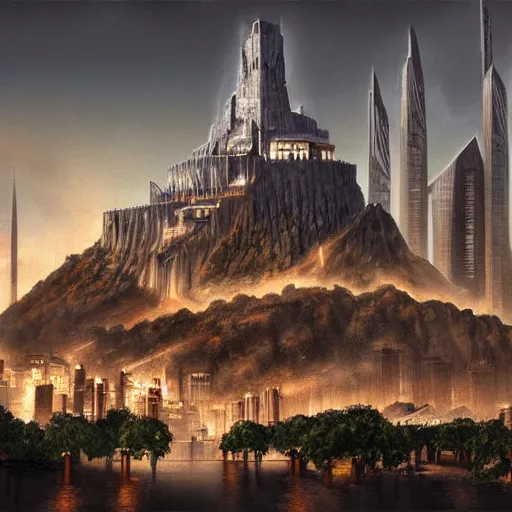 Prompt: Modern minas tirith with skyscrapers at dusk, concept art, masterpiece, digital painting