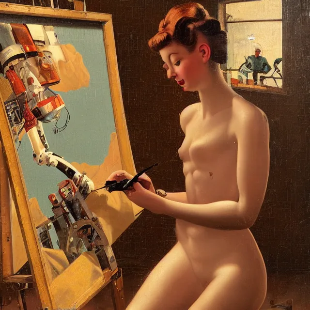 Image similar to robot artist painting a self - portrait on a canvas. intricate, highly detailed, digital matte painting in the style of gil elvgren and in the style of hans thoma. irony, recursion, inspiration.