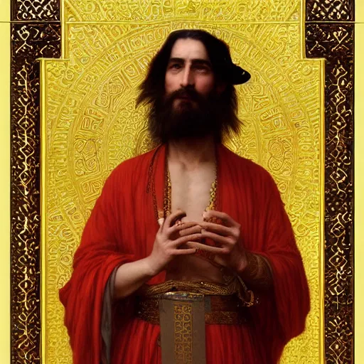 Image similar to orientalist portrait of a sage wearing golden robes smoking a pipe in a sandstone temple intricate portrait by john william waterhouse and Edwin Longsden Long and Theodore Ralli and William-Adolphe Bouguereau, very coherent symmetrical artwork. Cinematic, hyper realism, high detail 8k