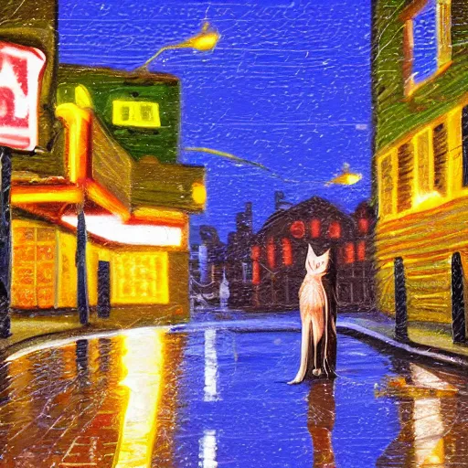 Image similar to Cat sitting on wet street corner, night, high detail, 4k