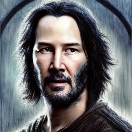 Image similar to keanu reeves as a hobbit ( lord of the rings movie ), digital painting, extremely detailed, 4 k, intricate, brush strokes, mark arian, artgerm, bastien lecouffe - deharme