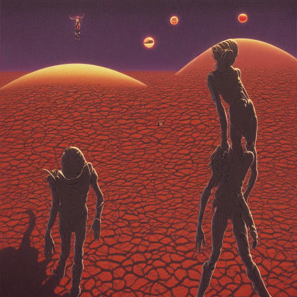 Prompt: high detailed lone person looking to its dying planet on a progressive rock 70s 80s album cover style by Barry Godber, oil paint on canvas, moebius, incal, realistic art, evangelion third impact inspired, dune, pulp magazines cover art, Eliran Kantor, sand and desert environment, Eloy band, cinematic, unreal engine, high quality, eerily beautiful, cgsociety, 4K, UHD, Zdzisław Beksiński, by George Caleb Bingham and Donato Giancola and Bob Eggleton, trending on ArtStation