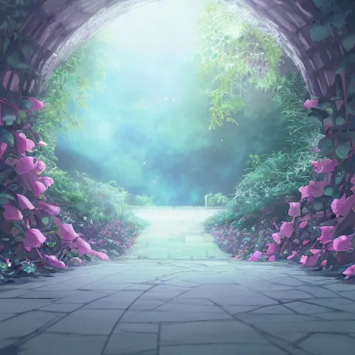 Image similar to a christian cross as the light is shining at the end of the tunnel, paradise outside of the tunnel, with pale purple and pale pink lighting, cute, aesthetic, anime, with a few vines and overgrowth, studio ghibli, cinematic, painting, high definition, digital art, symmetrical, very detailed, extremely high detail, photo realistic, concept art, unreal engine 5,