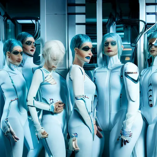 Image similar to troop of freak show women with white apache hairdos, white hair, tight light blue neopren suits, futuristic production facility, sci - fi, highly detailed, cinematic