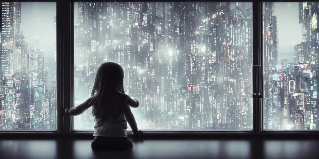 Image similar to overlooking on night city cyberpunk from floor to ceiling window, one little girl, beautiful hair at the back, looking out the window, liminal, cinematic, dreamscape