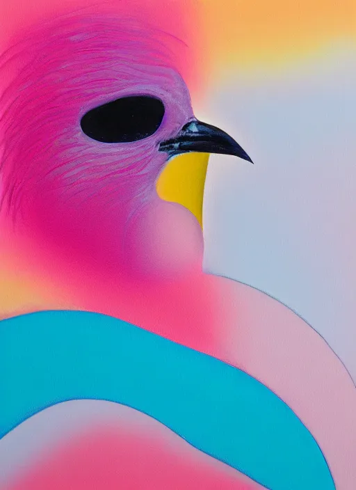 Image similar to a close up of a bird on a pink background, an airbrush painting by ronnie landfield, dribble, lyrical abstraction, airbrush art, ultrafine detail, matte background