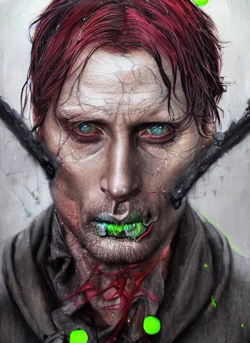 Image similar to a Demon Slayer portrait of Mads Mikkelsen, tall, pale-skinned, slender with lime green eyes and long eyelashes by Stanley Artgerm, Tom Bagshaw, Arthur Adams, Carne Griffiths, trending on Deviant Art, street art, face enhance, chillwave, maximalist, full of color, glittering