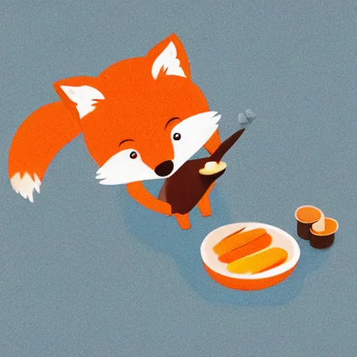 Image similar to minimalistic cute fox eating a fish, 2 d render, pastel