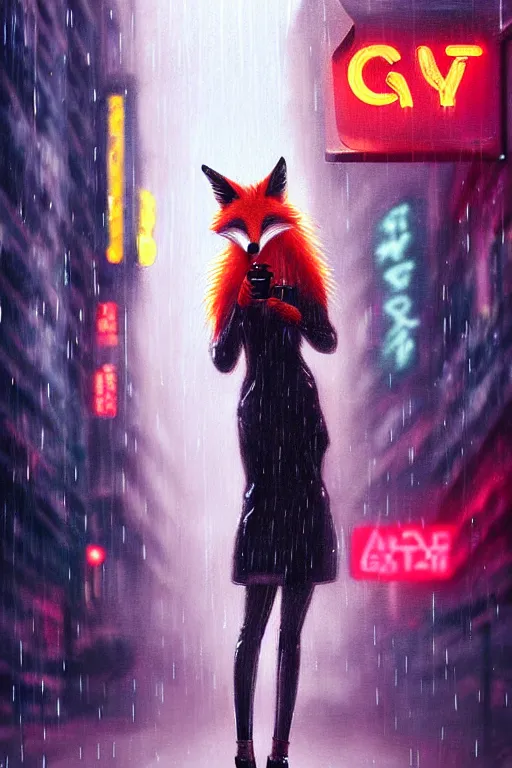 Prompt: beautiful portrait of a tall female anthro fox, smoking a cigarette in the rain, shoulders taller than the crowd, in a wet street of a city, cyberpunk, harsh neon lights, highly detailed, deep shadows, digital painting, shallow depth of field, illustration, art by sakimichan, artgerm