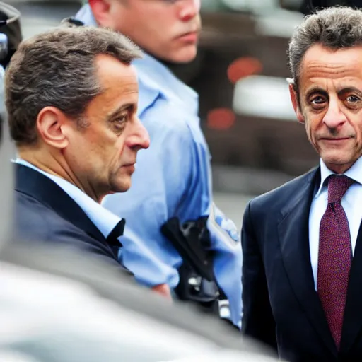Image similar to fbi director Nicolas Sarkozy getting arrested by police agents, photo 85mm, f/1.3