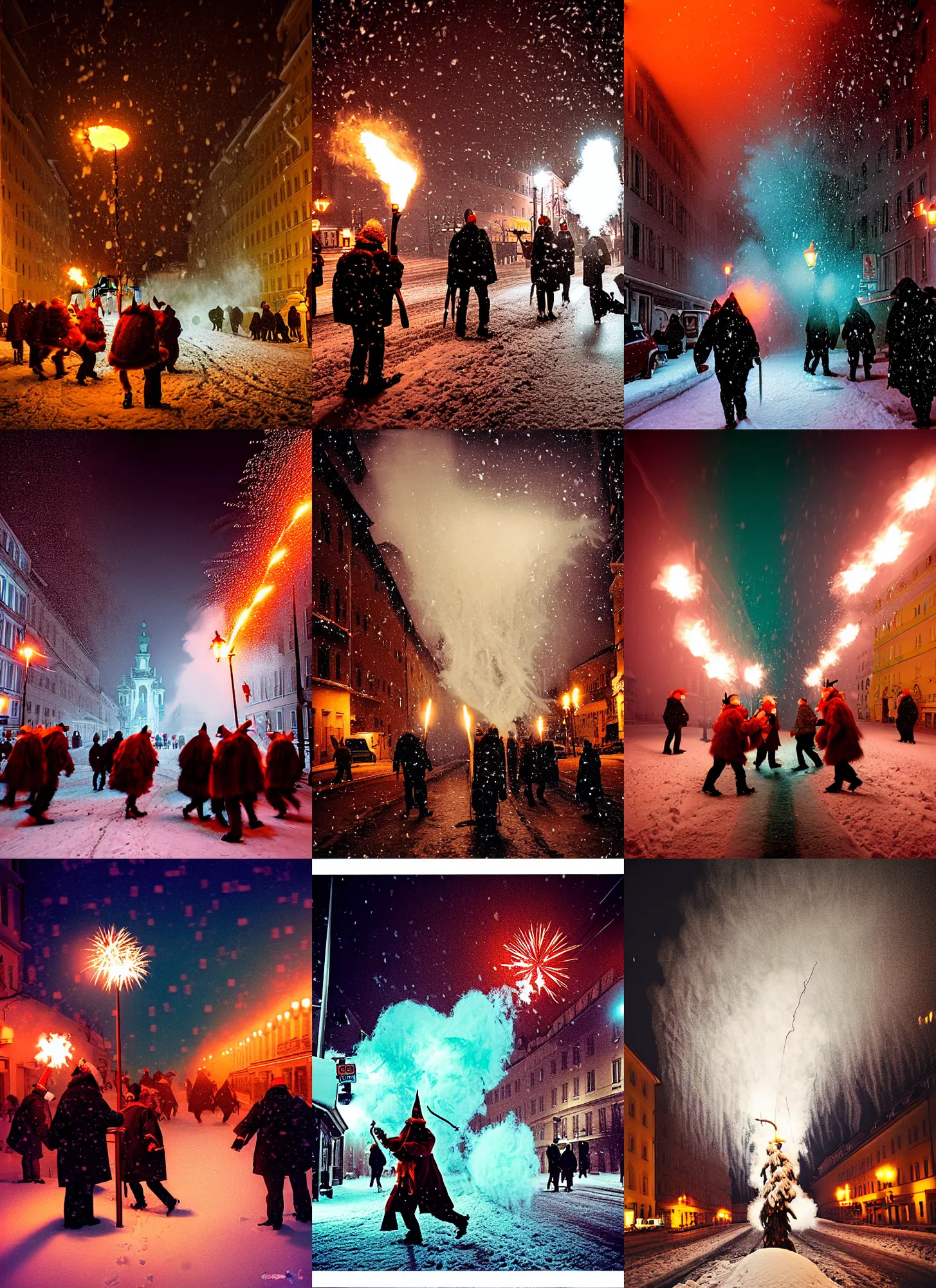 Prompt: kodak portra 4 0 0, winter, snowflakes, snowstorm, award winning dynamic photograph of a bunch of hazardous krampus by robert capas, in muted colours, striped orange and teal, motion blur, on a street in salzburg at night with colourful pyro fireworks and torches