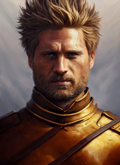 Image similar to highly detailed oil painting, masterpiece portrait warrior male lannister, fantasy character portrait, dynamic pose, above view, top lighting, realistic shaded, perfect face, 8 k realistic, hyper detailed, digital painting, artstation, concept art, hyper detailed eyes, cinematic lighting, dynamic pose, above view