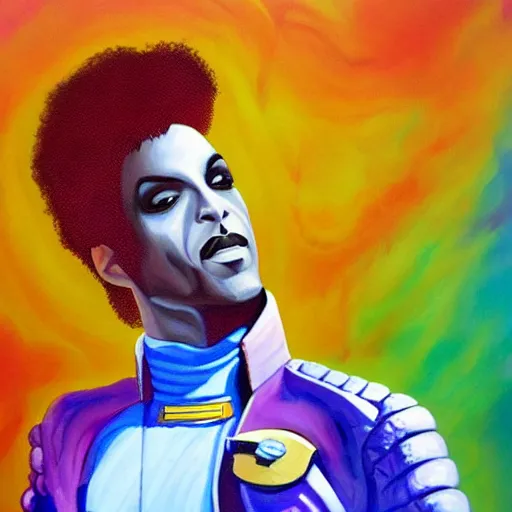 Image similar to a painting of prince in space in the style of pablo bell. trending on artstation.