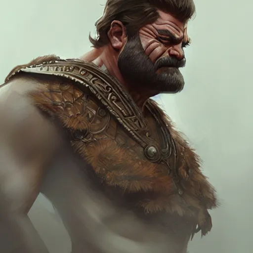 Image similar to a barbarian Ron Swanson, D&D, fantasy, intricate, cinematic lighting, highly detailed, digital painting, artstation, concept art, smooth, sharp focus, illustration, art by Artgerm and Greg Rutkowski and Alphonse Mucha