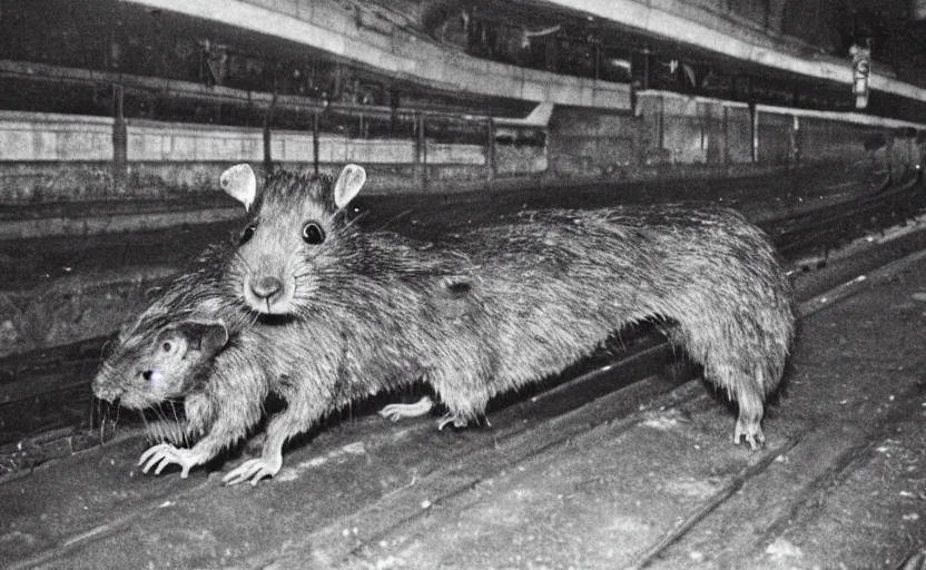 Prompt: old photo from 1 9 6 5. very large giant mutant zombie rat on railways in tonnel of moscow metro. extreme high detail. low dark light, scary atmosphere