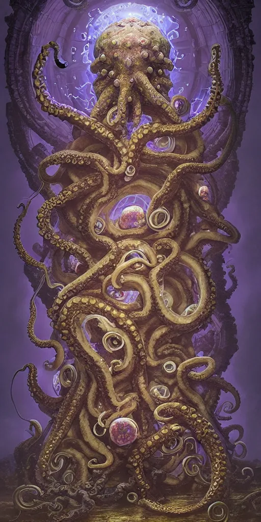 Image similar to high ranked mage with big octopus head and a lot of translucent jellyfishes floating around inside an ancient mage castle hall colossal scale, gothic and baroque, brutalist architecture, ultradetailed, Intricate by Ellen Jewett and Josan Gonzalez and Giuseppe Arcimboldo
