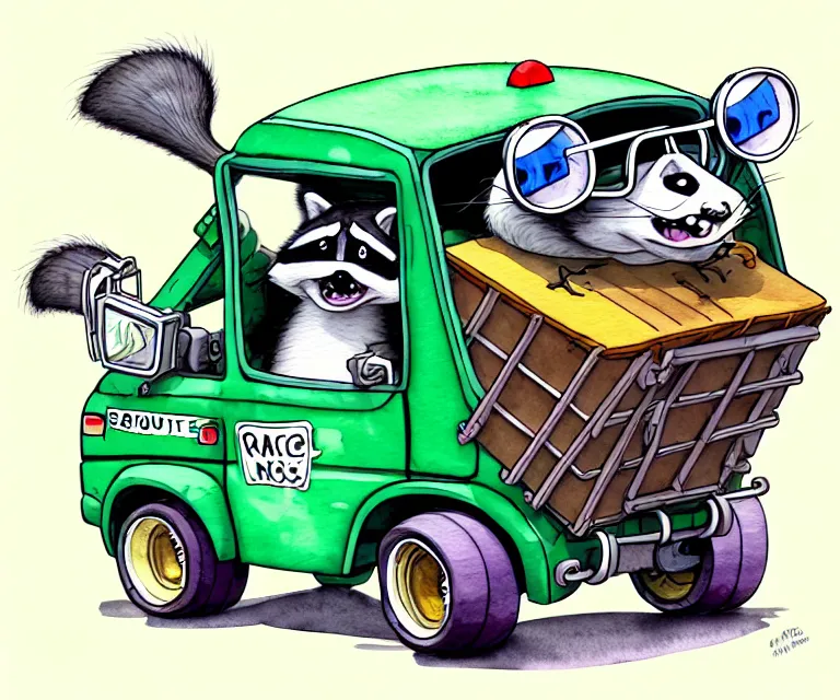 Image similar to cute and funny, racoon wearing goggles driving a tiny garbage truck, ratfink style by ed roth, centered award winning watercolor pen illustration, isometric illustration by chihiro iwasaki, edited by craola, tiny details by artgerm and watercolor girl, symmetrically isometrically centered