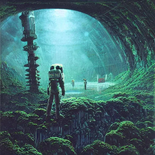 Prompt: astronauts exploring alien ruins, green mist atmosphere, art by bruce pennington