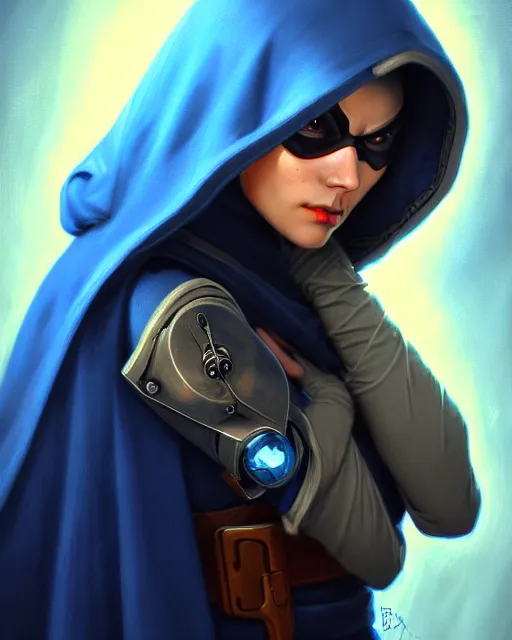 Prompt: ana from overwatch, blue hooded cloak, eye patch, older woman, character portrait, portrait, close up, highly detailed, intricate detail, amazing detail, sharp focus, vintage fantasy art, vintage sci - fi art, radiant light, caustics, by boris vallejo