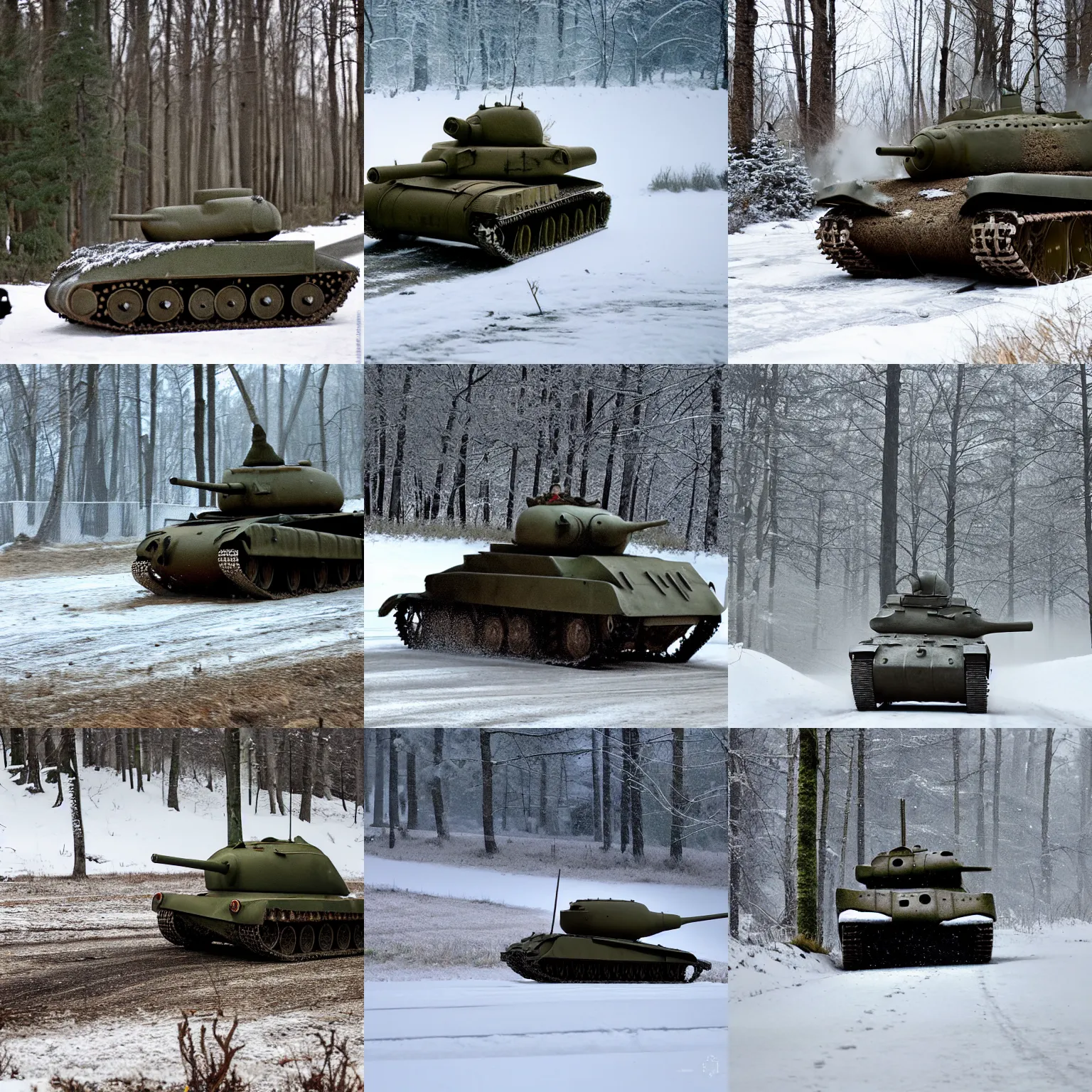 Prompt: an armored ww 2 tank driving along a rallycross course in a snowy forest