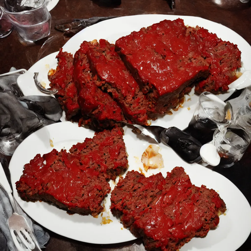 Prompt: meatloaf the rockstar eating a plate of meatloaf