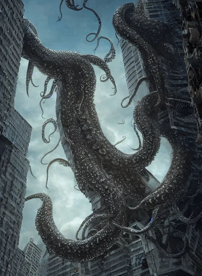 Prompt: A very giant Kraken-like multi-eyed monster jumped up with its jaws on a high-rise office building and wrapped his tentacles all around him. High detail, front view, hyperrealism, concept art, zoom, 8k