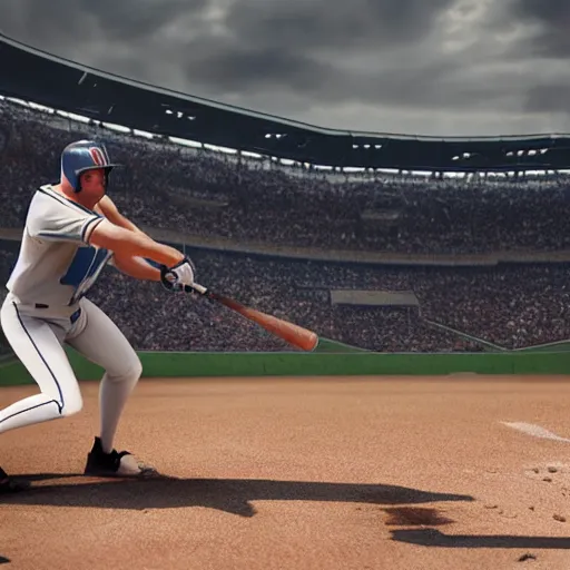 Image similar to baseball player hitting the ball with the baseball bat in the middle of the game and in front of everyone in the stadium, james gurney painting style, greg rutkowski, artstation, octane render, unreal engine 5