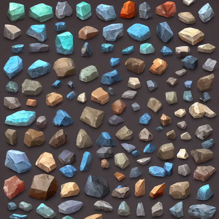 Prompt: a 2 d rock game design asset pack, game assets, stylized rocks, rock asset pack