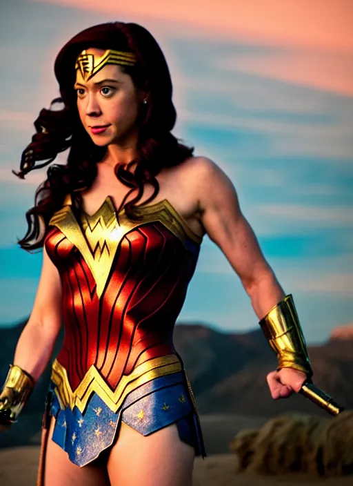 Image similar to Alyson Hannigan as Wonder Woman, movie Still, 4k, cinematic lighting, golden hour,