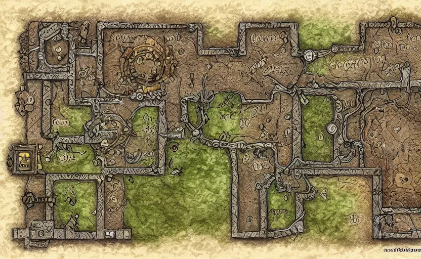 Prompt: Intricate dungeon map for d&d, digital paint, wizards of the coat