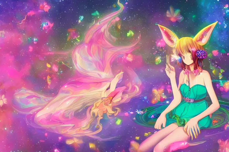 Image similar to psychedelic, whimsical, anime, 4k, beautiful seductive woman with fox ears smoking weed, with professional makeup, long trippy hair, a crystal and flower dress, sitting on a reflective pool, surrounded by gems, underneath the stars, rainbow fireflies, trending on patreon, deviantart, twitter, artstation, volumetric lighting, heavy contrast, art style of Greg Rutkowski and viktoria gavrilenko and Ross Tran
