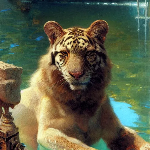 Prompt: a portrait of an animal in the pool. highly detailed painting by gaston bussiere, craig mullins, j. c. leyendecker, furry