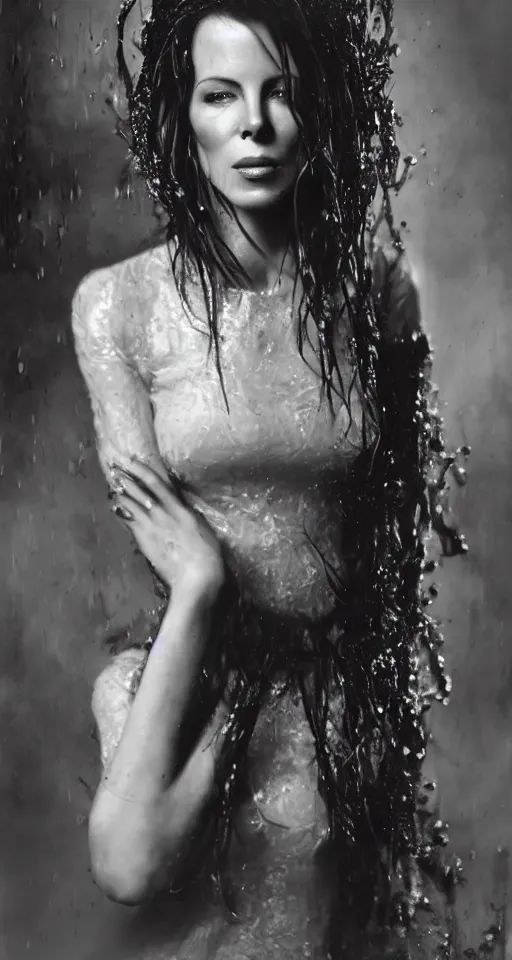 Prompt: wet plate photograph, a portrait of Kate Beckinsale