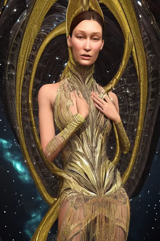 Image similar to a highly detailed 4 k render of a beautiful dmt alien goddess bella hadid in iris van herpen dress schiaparelli in diamonds in style of alphonse mucha trending on artstation made in unreal engine 4